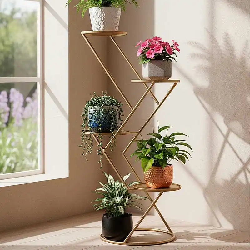 Base alta para maceta de herrería para cinco plantas (diseño en zigzag)