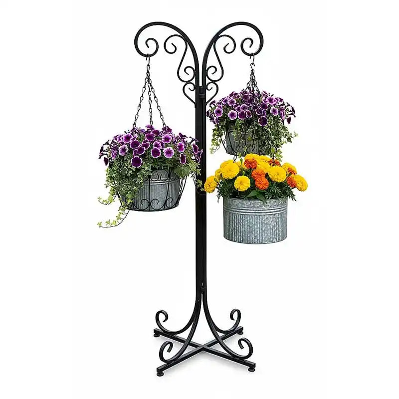 Base de herrería para macetas colgantes estilo trípode
