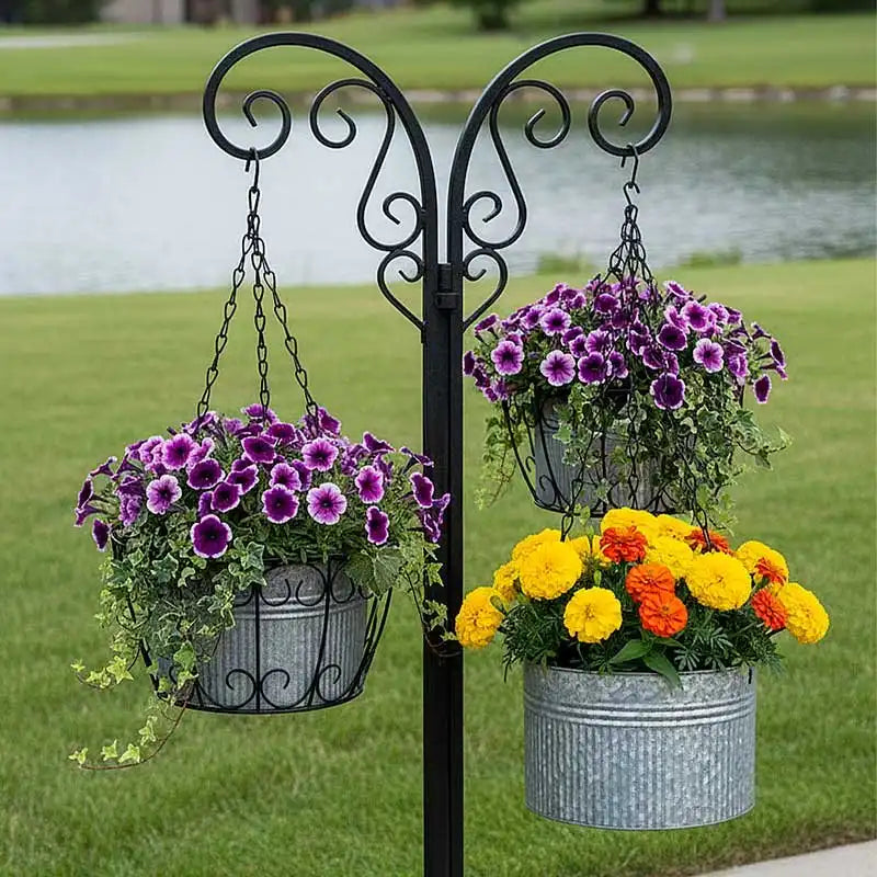 Base de herrería para macetas colgantes estilo trípode